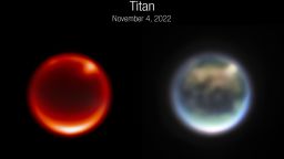 Images of Saturn's moon Titan, captured by NIRCam on November 4, 2022. Left: Image from F212N, a 2.12-micron filter sensitive to Titan's lower atmosphere. The bright spots are prominent clouds in the northern hemisphere. Right: Color composite image from combined NIRCam filters: Blue=F140M, Green=F150W, Red=F200W, Brightness=F210M. Several prominent surface features are labeled: Kraken Mare is thought to be a methane sea; Belet is composed of dark-colored sand dunes; Adiri is a bright albedo feature. 