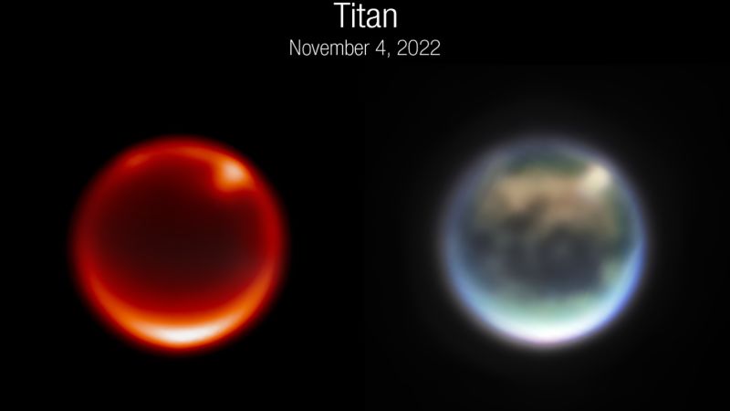 웹 망원경은 토성의 달 타이탄의 연무 아래에서 구름을 감시합니다.
