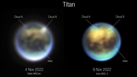 Астрономите сравниха изображенията на Уеб (вляво) и Кек на Титан, за да видят как са се развили облаците.  Облак A изглежда се върти, докато облак B изглежда се разсейва.