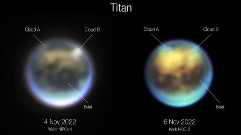 Astronómovia porovnávali Webbove (vľavo) a Keckove snímky Titanu, aby videli, ako sa oblaky vyvíjali.  Zdá sa, že oblak A sa otáča, zatiaľ čo oblak B sa zdá byť rozptýlený.