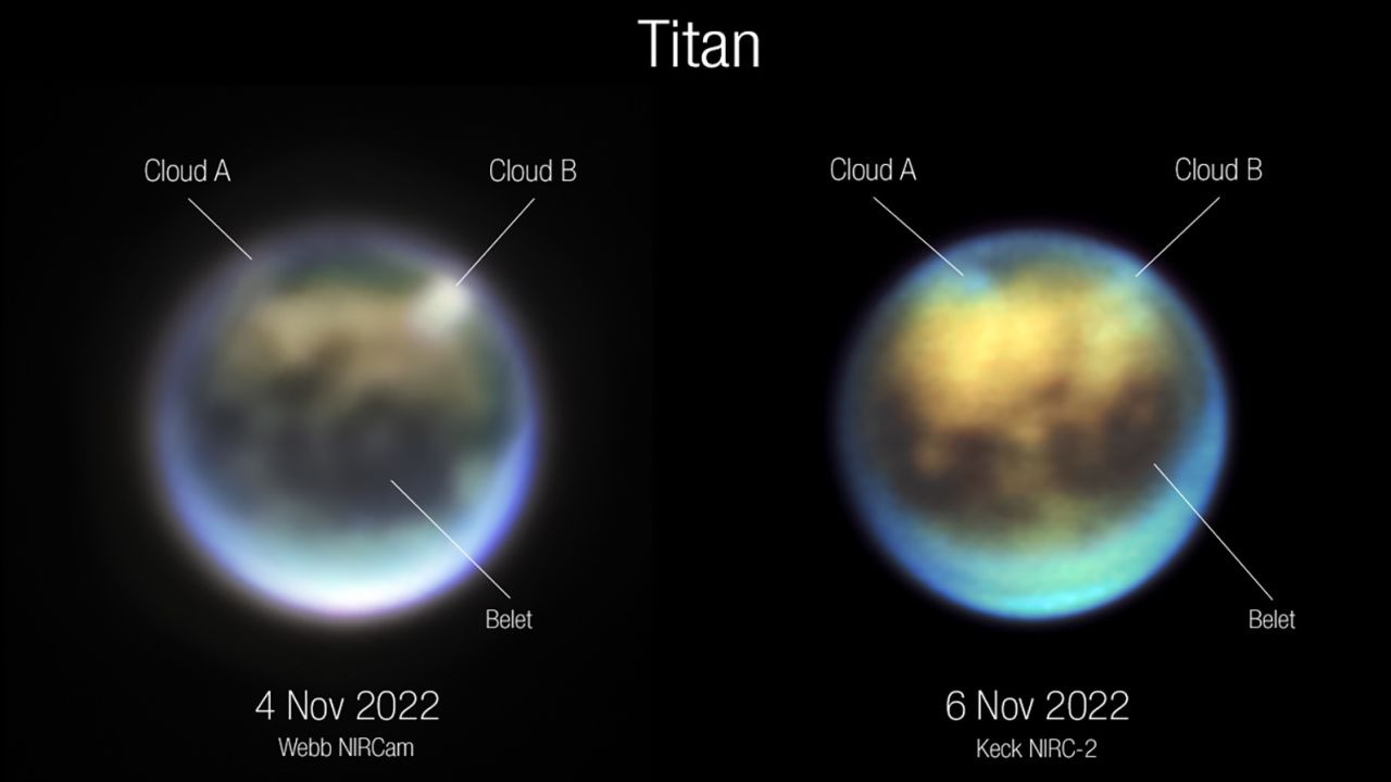 Astronomers compared Webb (left) and Keck  images of Titan to see how clouds evolved. Cloud A seems to be rotating, while Cloud B seems to be dissipating.