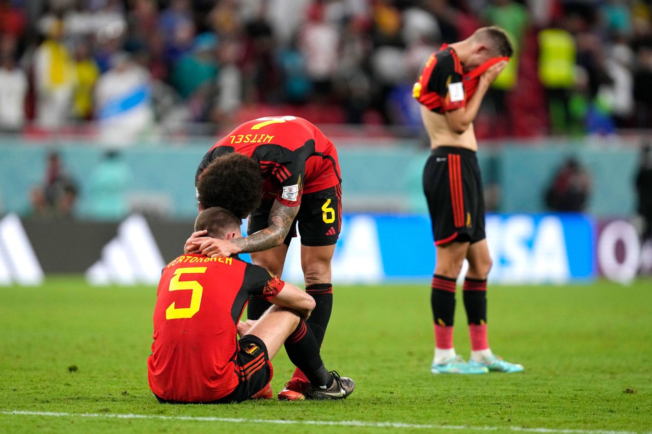 Belgium players react after their 0-0 draw against Croatia meant that they would be eliminated on Thursday. Belgium finished third at the last World Cup in 2018.