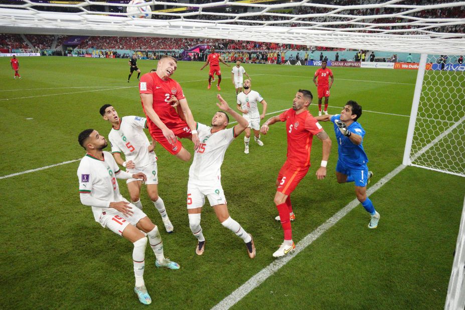 Canada's Alistair Johnston tries to head the ball into Morocco's net on December 1.