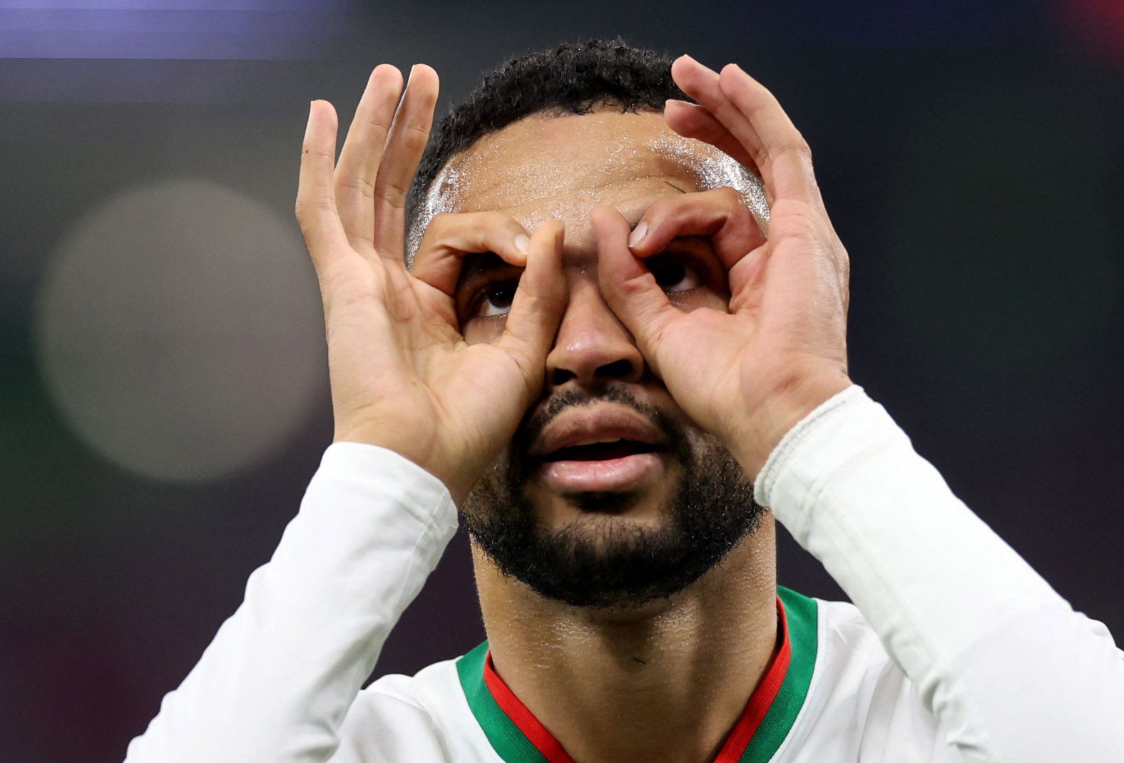 Youssef En-Nesyri celebrates after scoring Morocco's second goal against Canada.