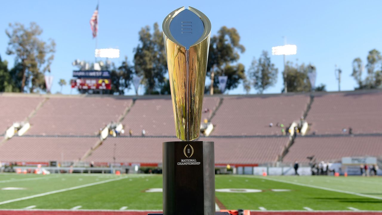 The National Championship Trophy is pictured on January 1, 2015 in Pasadena, California.  