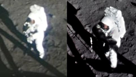 NASA에서 제작한 16mm 원본 영상으로 지붕 ​​위의 암스트롱(좌)과 손더스의 복원본(우).