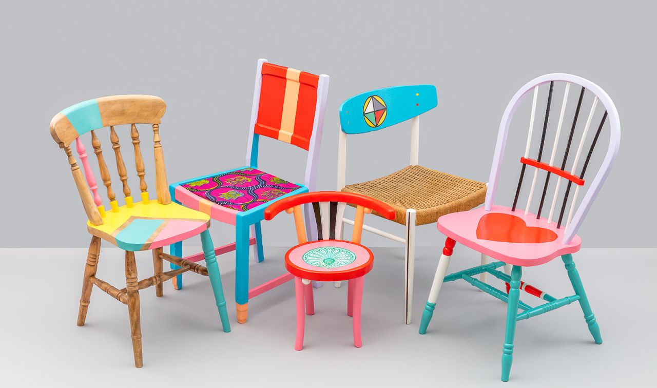 Yinka Ilori's bright upcycled chairs.