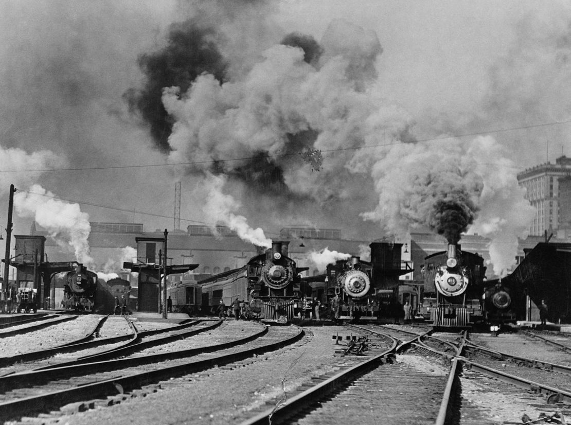 A group of steam locomotives pour steam and smoke into the air in St. Paul, Minnesota in this file photo from 1925. The Railway Labor Act, passed in 1926, is the reason Congress could intervene this week to block a strike by freight railroad unions.