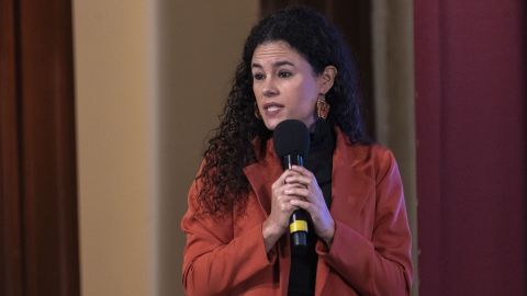 Luisa Maria Alcalde, Meixco's labor minister, speaks during a news conference in Mexico City on Tuesday, Nov. 15, 2022.