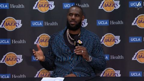 Lebron James speaks during a press conference.