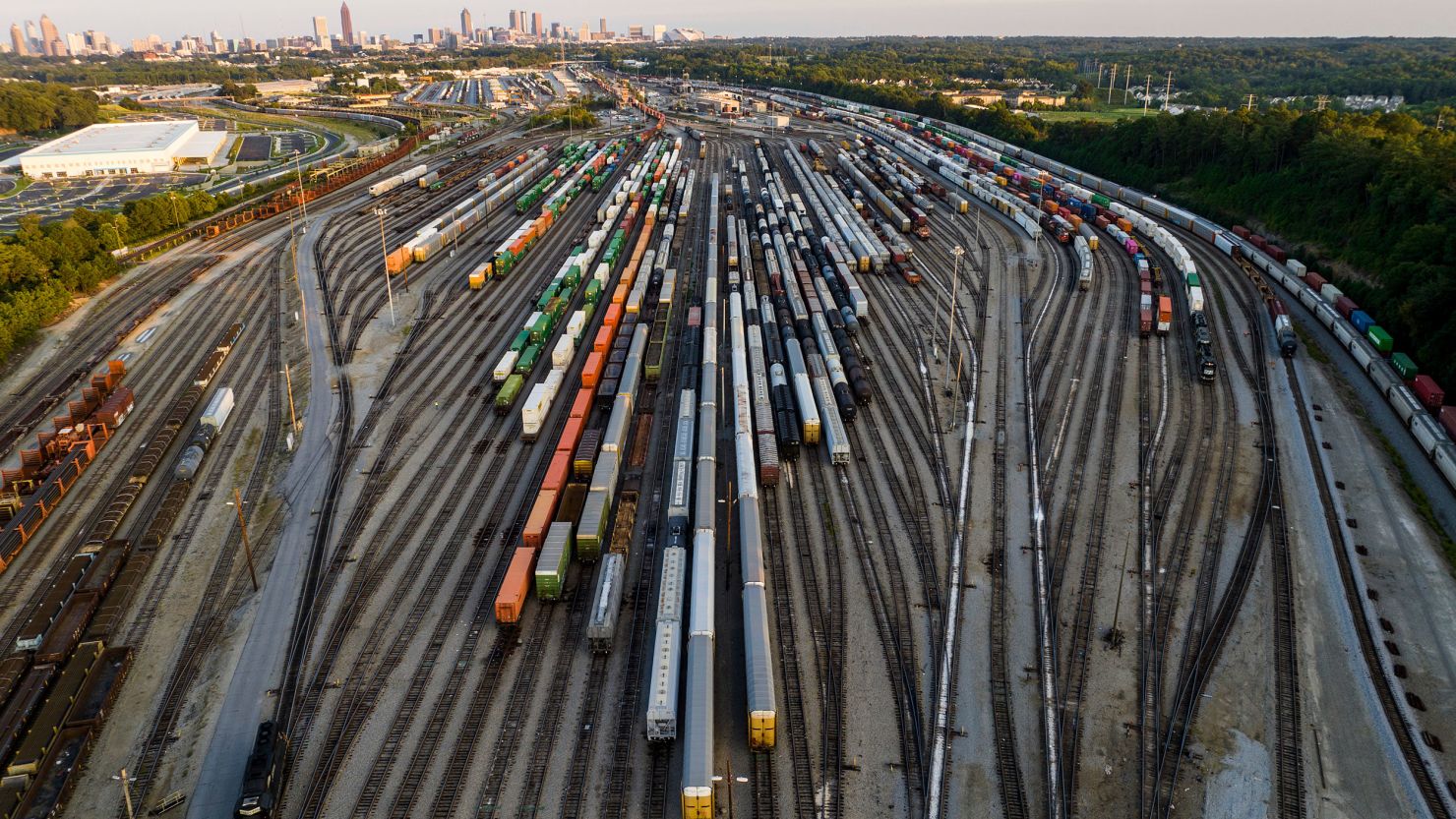 FILE - Freight train cars sit in a Norfolk Southern rail yard on Sept. 14, 2022, in Atlanta.