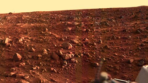 Viking 1 took this image on August 21, 1976, looking south about 15 minutes before sunset on Mars. 