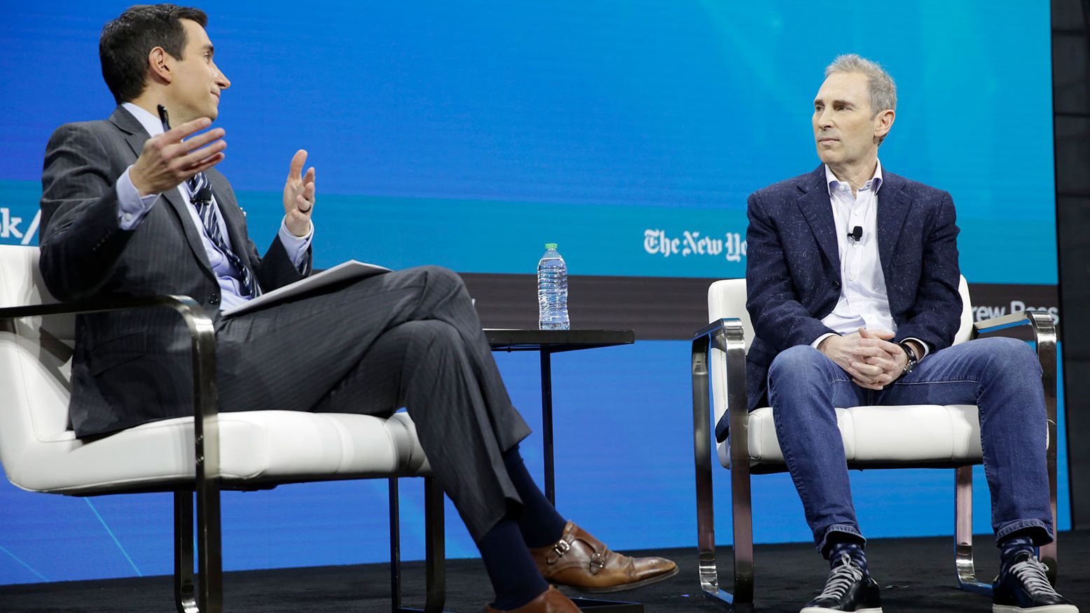 Andrew Ross Sorkin, a New York Times columnist, and Andy Jassy, the chief executive of Amazon, talk on stage at the DealBook summit on November 30, 2022 in New York.
