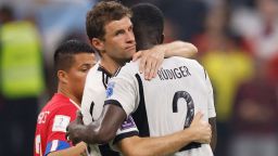 Soccer Football - FIFA World Cup Qatar 2022 - Group E - Costa Rica v Germany - Al Bayt Stadium, Al Khor, Qatar - December 1, 2022
Germany's Thomas Muller and Antonio Rudiger look dejected after the match as Germany are eliminated from the World Cup REUTERS/Thaier Al-Sudani