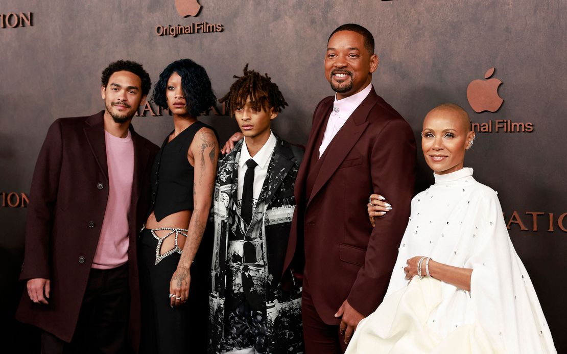 Trey Smith (far left), Willow Smith, Jaden Smith, Will Smith, and Jada Pinkett Smith (far right) arrive for the premiere of Apple Original Films' "Emancipation" at the Regency Village Theatre in Westwood, California, on November 30, 2022. 