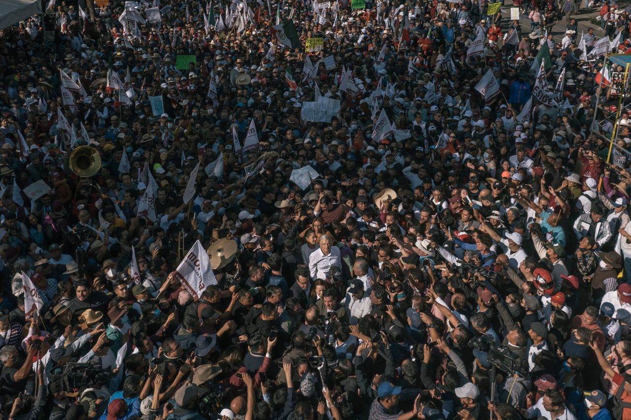 Mexican President Andrés Manuel López Obrador attends a <a href="https://apnews.com/article/mexico-caribbean-city-9e98d280d256d8ac0348495be19610f7" target="_blank" target="_blank">pro-government rally</a> in Mexico City on Sunday, November 27.