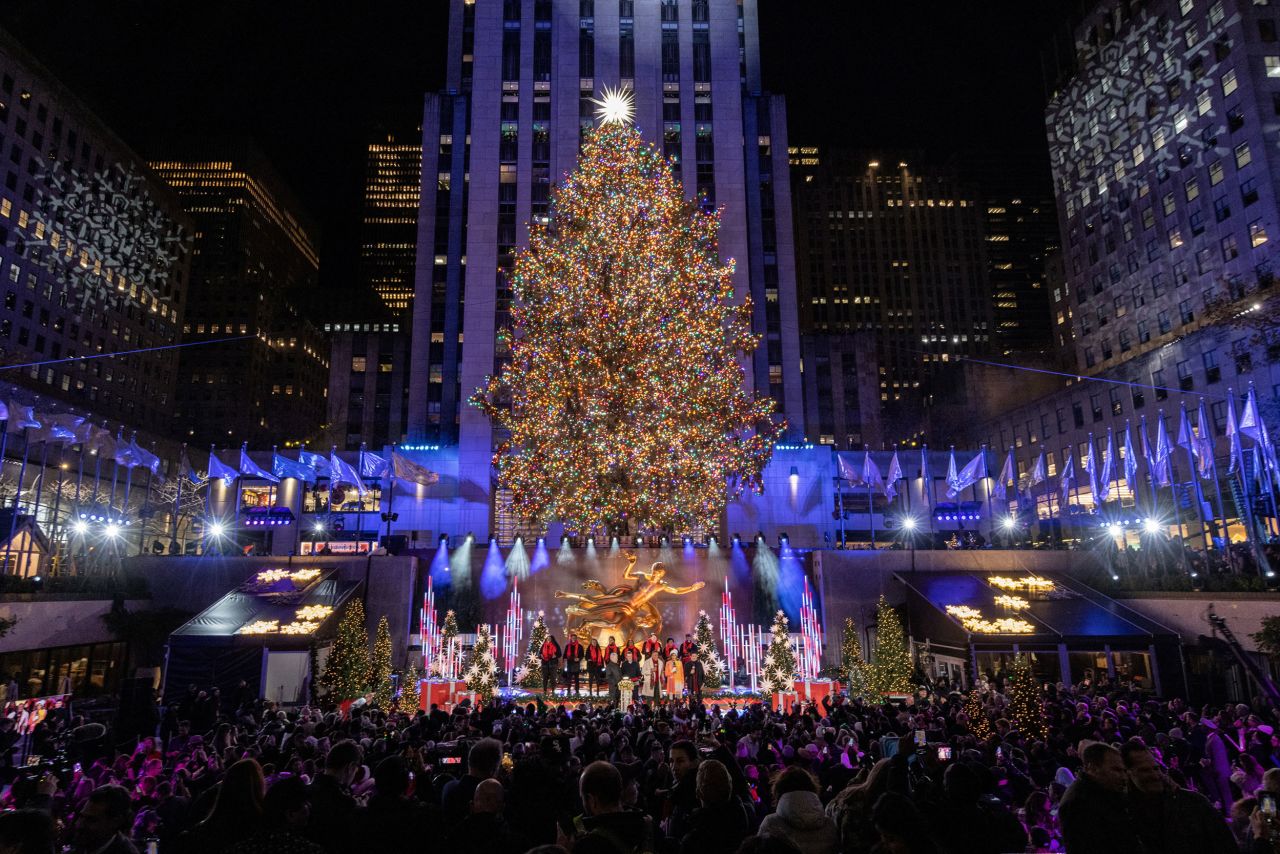 The Christmas tree is lit at New York City's Rockefeller Center on Wednesday, November 30.