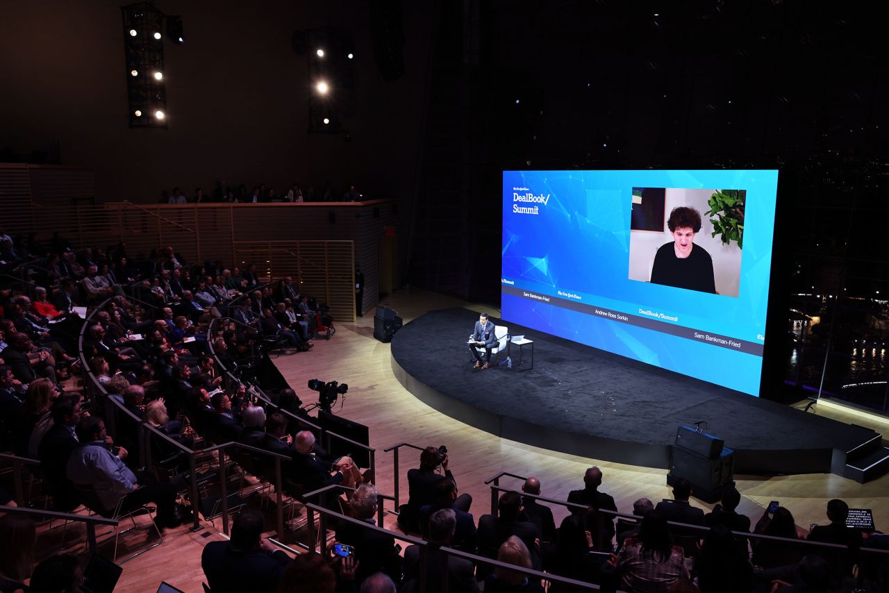 Sam Bankman-Fried, the 30-year-old founder of the bankrupt crypto exchange FTX, appears virtually during the New York Times' DealBook Summit in New York on Wednesday, November 30. <a href=