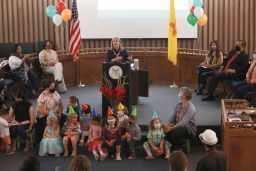 Gov. Michelle Lujan Grisham announces an increase in child care subsidies in 2021 in Santa Fe, New Mexico.