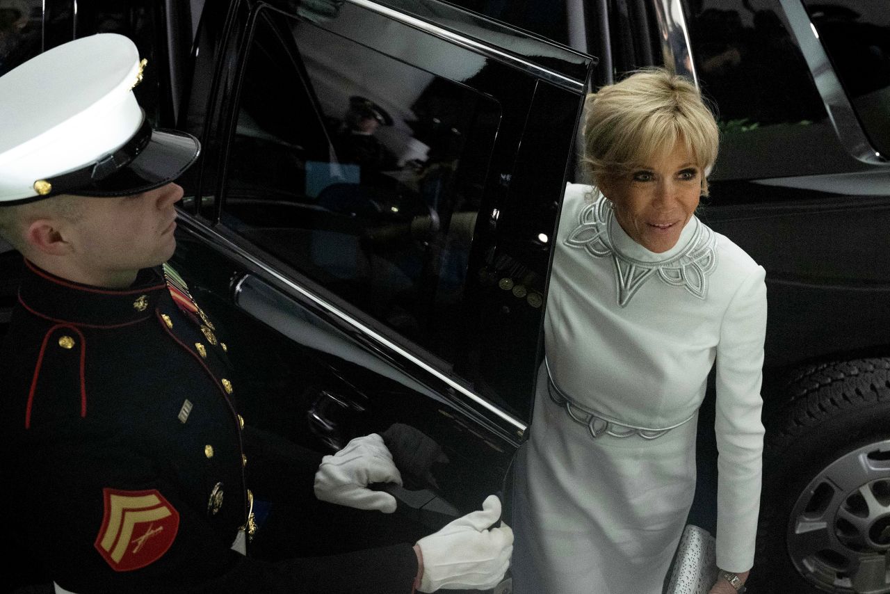 Brigitte Macron, the first lady of France, arrives for the dinner.