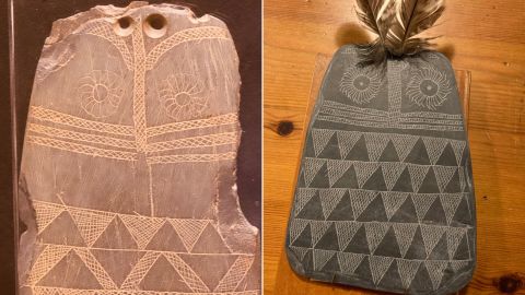 An original slab of slate (left) modeled on an owl is shown with a replica adorned with owl feathers in drilled holes.