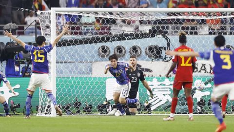 Ao Tanaka celebrates after scoring Japan's second goal against Spain.