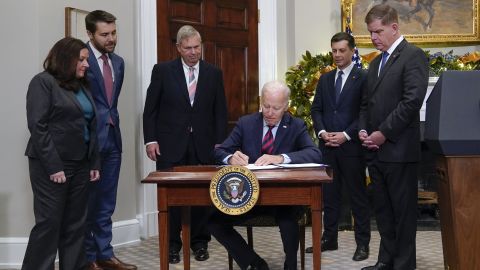 President Joe Biden signs H.J.Res.100, a bill that aims to avert a freight rail strike, in the Roosevelt Room at the White House, Friday, Dec. 2, 2022, in Washington. 