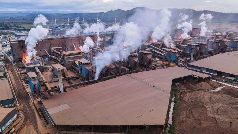 Clouds of smoke escape from a nickel smelter furnace in an industrial area of Southeast Sulawesi, Indonesia.