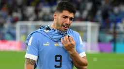 AL WAKRAH, QATAR - DECEMBER 02: Luis Suarez of Uruguay reacts after his team's elimination during the FIFA World Cup Qatar 2022 Group H match between Ghana and Uruguay at Al Janoub Stadium on December 02, 2022 in Al Wakrah, Qatar. (Photo by David Ramos - FIFA/FIFA via Getty Images)