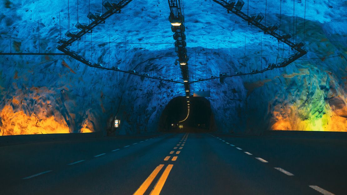 Laerdal Tunnel, Norway. Road On Illuminated Tunnel In Norwegian Mountains. Famous Longest Road Tunnel In World. Popular Place.