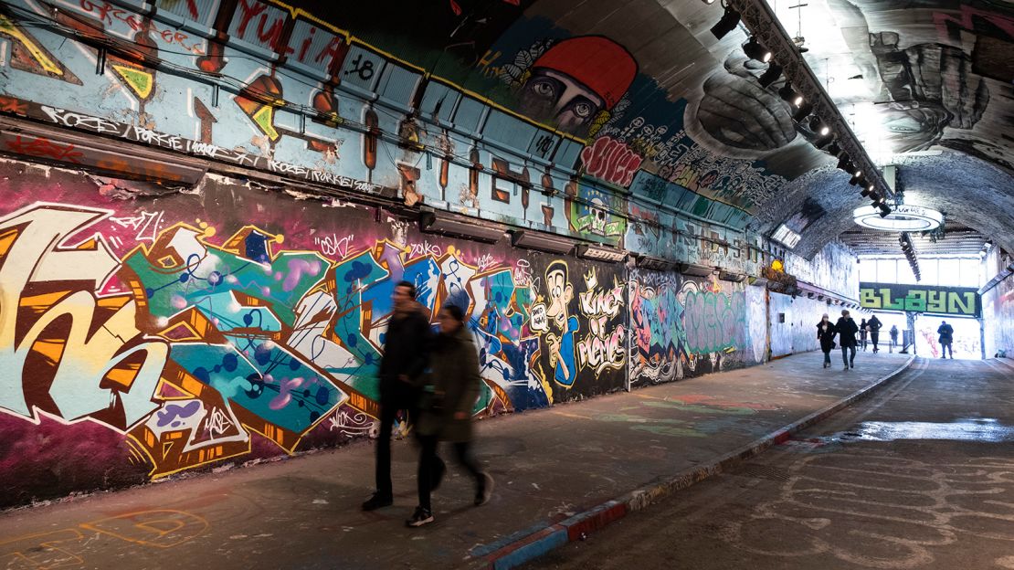 Spray painted street art and graffiti at the popular Leake Street Arches on 5th March 2021 in London, England, United Kingdom. Leake Street is a road tunnel in Lambeth, where graffiti is tolerated and encouraged regardless of the fact that it is against the law. The street is about 300 metres long, runs off York Road and under the platforms and tracks of Waterloo station. (photo by Mike Kemp/In Pictures via Getty Images)