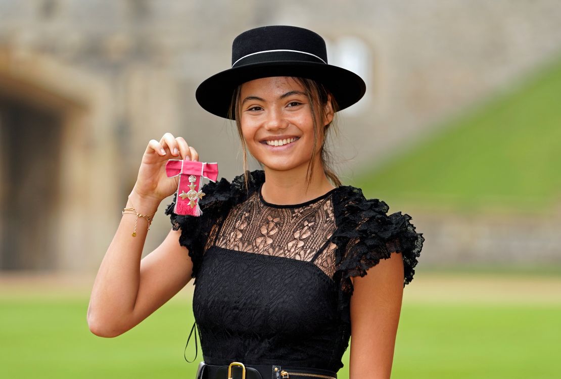 Tennis player Emma Raducanu after she was made a MBE (Member of the Order of the British Empire) by King Charles III at Windsor Castle on November 29.