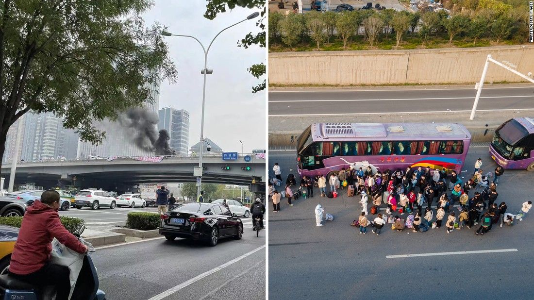 From left, a protest banner is seen on Sitong Bridge in Beijing on October 13, and Foxconn employees in Zhengzhou take buses home on October 30.