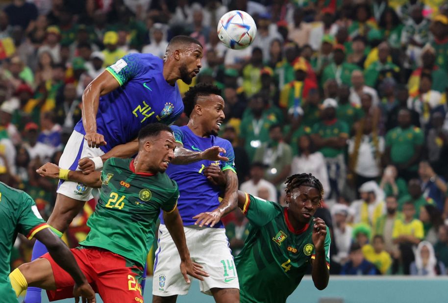 Bremer heads the ball for Brazil during the match against Cameroon on December 2. Cameroon came out on top 1-0, but Brazil still won Group G thanks to two earlier victories.