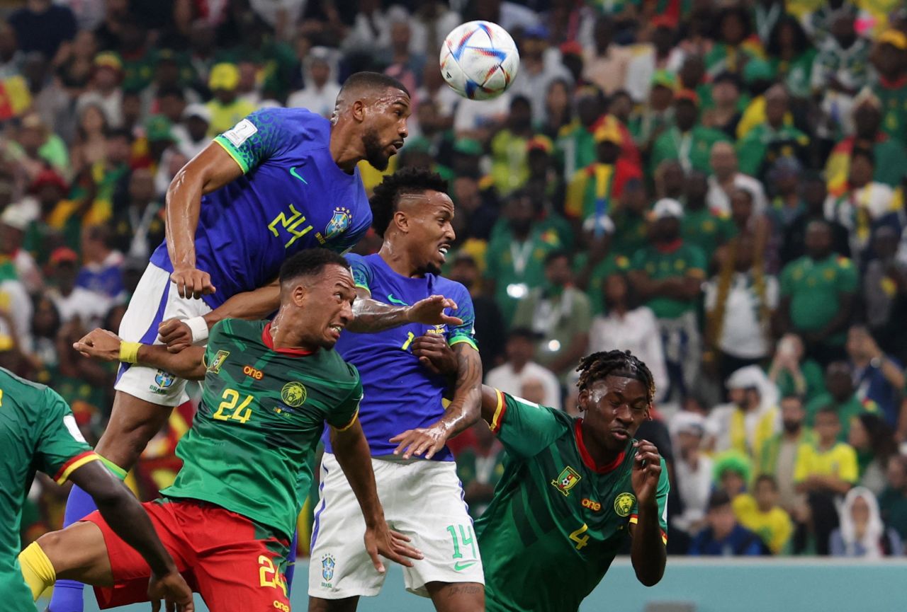 Bremer heads the ball for Brazil during the match against Cameroon on Friday. Cameroon came out on top 1-0, but Brazil still won Group G thanks to two earlier victories.