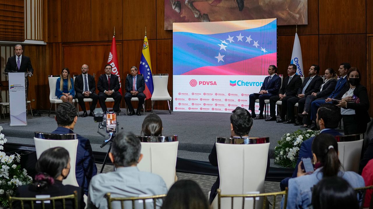 Venezuelan Petroleum Minister Tareck El Aissami speaks during a signing ceremony with California-based Chevron, in Caracas, Venezuela, Friday, Dec. 2, 2022. 