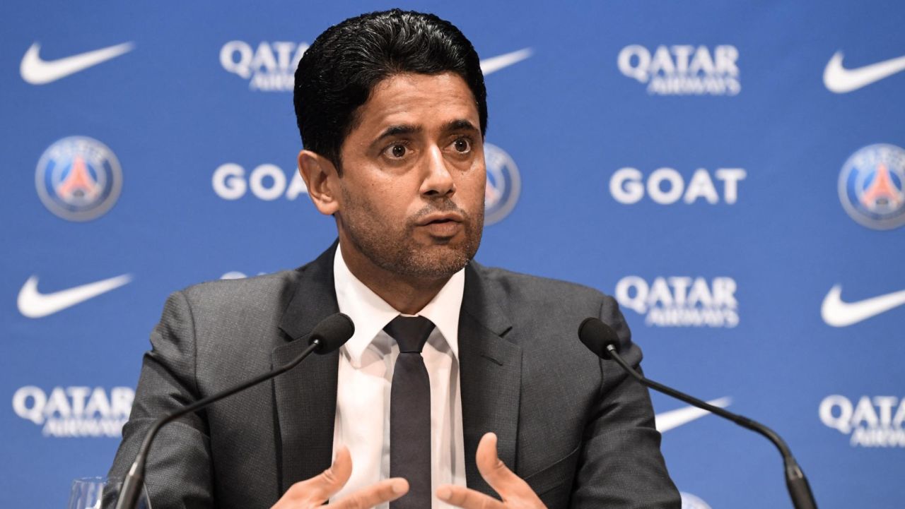 French L1 football club Paris Saint-Germain's (PSG) President Nasser Al-Khelaifi attends a press conference after the club appointed his new coach at the Parc des Princes stadium in Paris on July 5, 2022. - French coach Christophe Galtier quit as coach of Nice in June and replaces Mauricio Pochettino, who was released from his duties earlier today. Galtier, who guided Lille to the Ligue 1 title in 2021, is PSG's seventh coach since the Qataris bought the club 11 years ago and will be expected to finally lift the Champions League trophy. (Photo by BERTRAND GUAY / AFP) (Photo by BERTRAND GUAY/AFP via Getty Images)