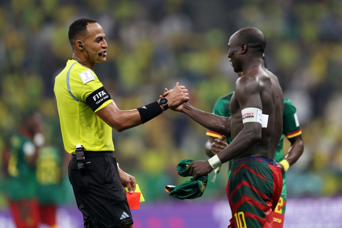 Referee Ismail Elfath showed a red card to Aboubakar after his goal celebration. 