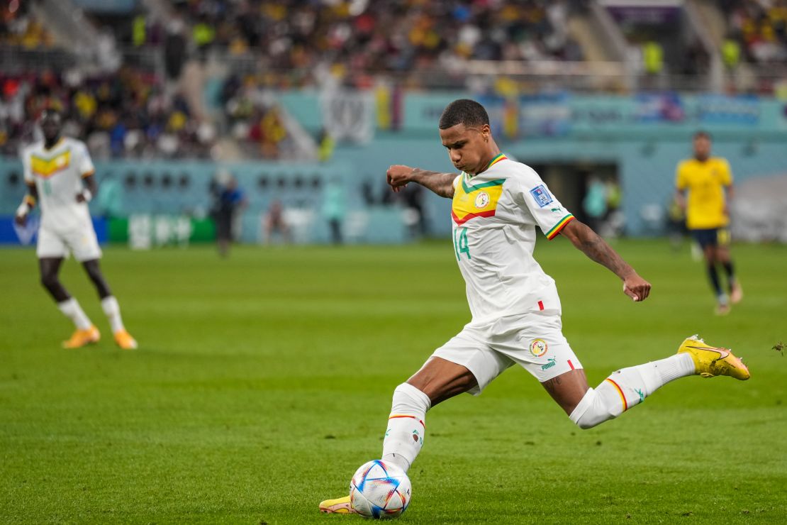 Jakobs Ismail of Senegal plays the ball against Ecuador.