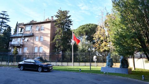 A Chinese national flag is flown at half-staff to mourn the death of former leader Jiang Zemin at the Chinese Embassy in Italy on November 30, 2022. The NGO determines Italy has hosted 11 Chinese police stations, including in Venice and in Prato, near Florence. 