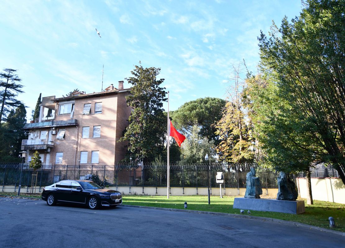 A Chinese national flag is flown at half-staff to mourn the death of former leader Jiang Zemin at the Chinese Embassy in Italy on November 30, 2022. The NGO determines Italy has hosted 11 Chinese police stations, including in Venice and in Prato, near Florence. 