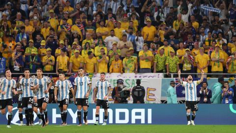Lionel Messi celebrates after scoring Argentina's first goal against Australia. 
