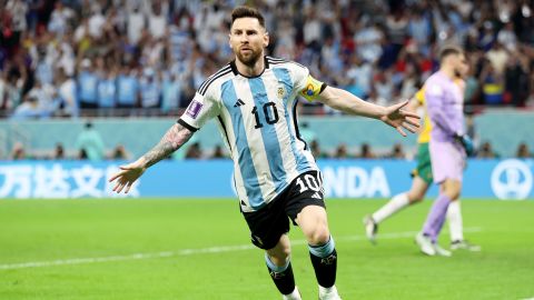 Lionel Messi celebrates after scoring against Australia at the 2022 World Cup. 