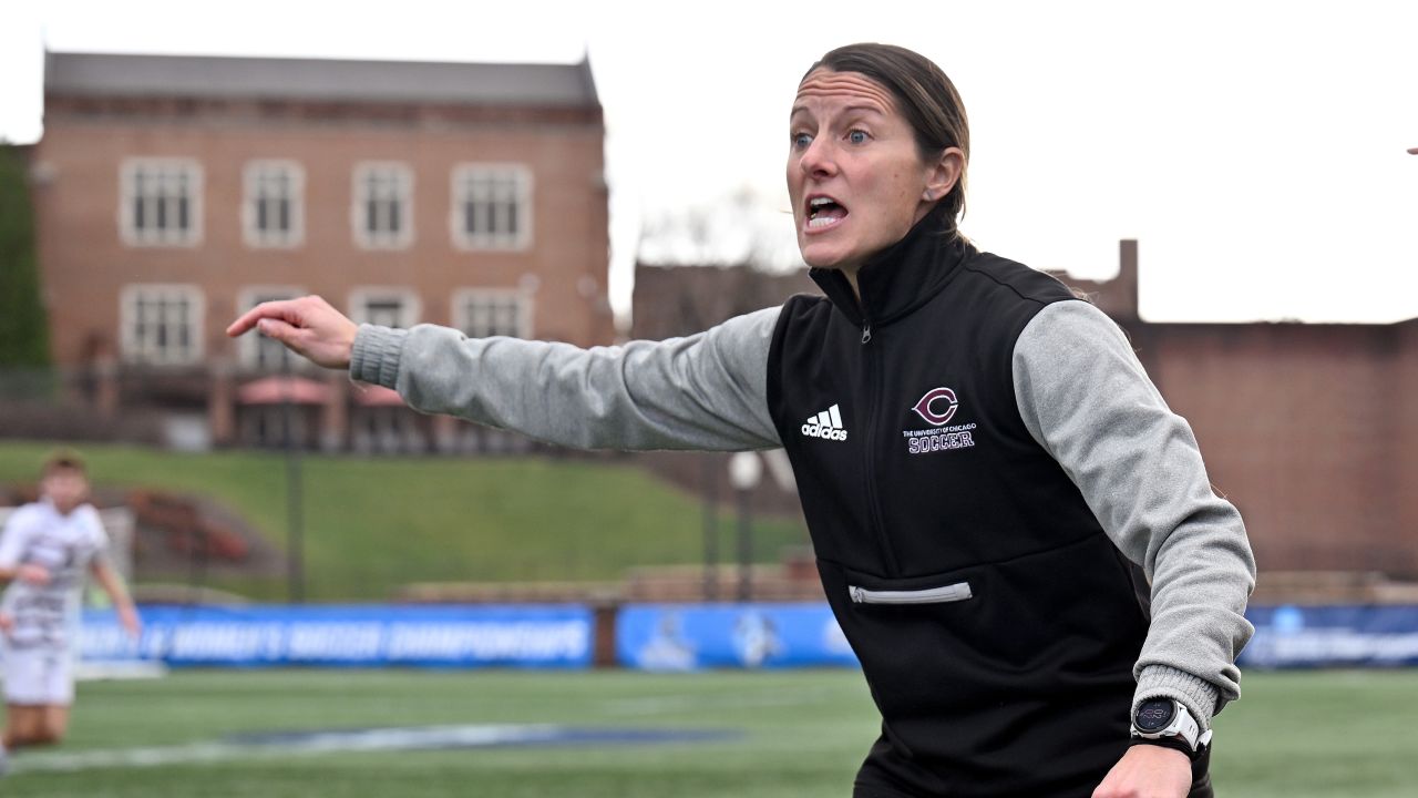 Head coach Julianne Sitch of the University of Chicago Maroons directs her team in the final minute of their win against the Williams College Ephs during the Division III Men's Soccer Championship Saturday in Salem, Virginia.