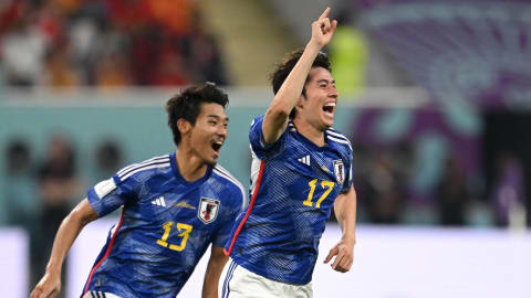 Ao Tanaka of Japan celebrates after scoring the team's second goal during the FIFA World Cup Qatar 2022 Group E match between Japan and Spain at Khalifa International Stadium on December 01, 2022 in Doha, Qatar.