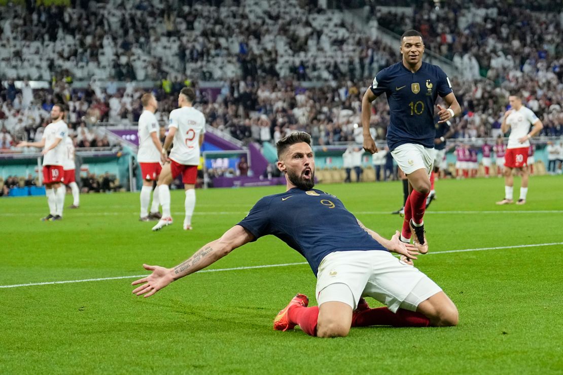 France's Olivier Giroud celebrates after scoring the opening goal.