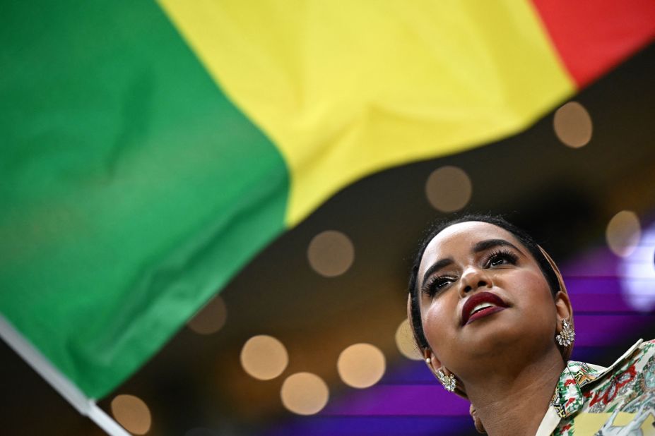 A Senegal supporter cheers before the match against England.