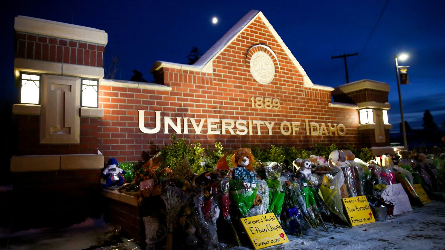 A makeshift memorial for the four students took shape at the University of Idaho campus sign after their murders last month. 