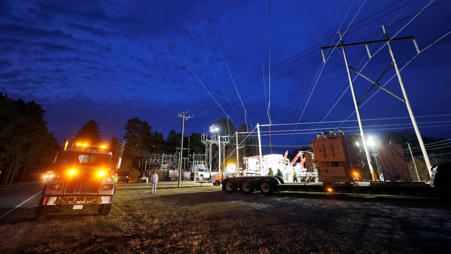 Duke Energy personnel work to restore power at a crippled electrical substation that was attacked over the weekend  in North Carolina. US officials have been concerned about such attacks by domestic extremists for years. 