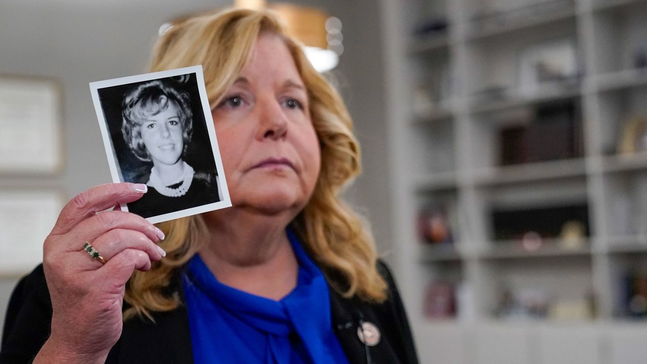 A photo of victim Diane Cusick is shown by Nassau County District Attorney Anne Donnelly.